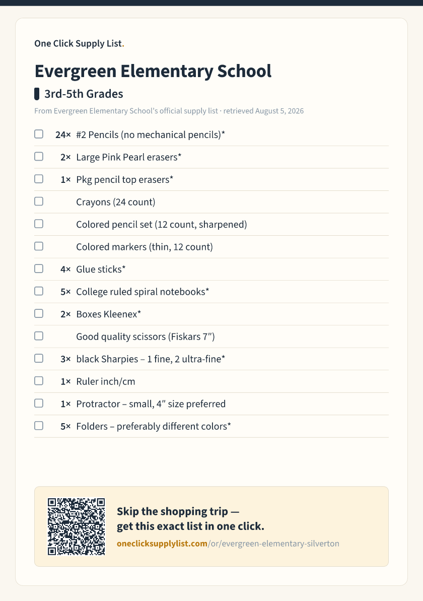 Evergreen Elementary School 3rd-5th Grades supply list — printable image