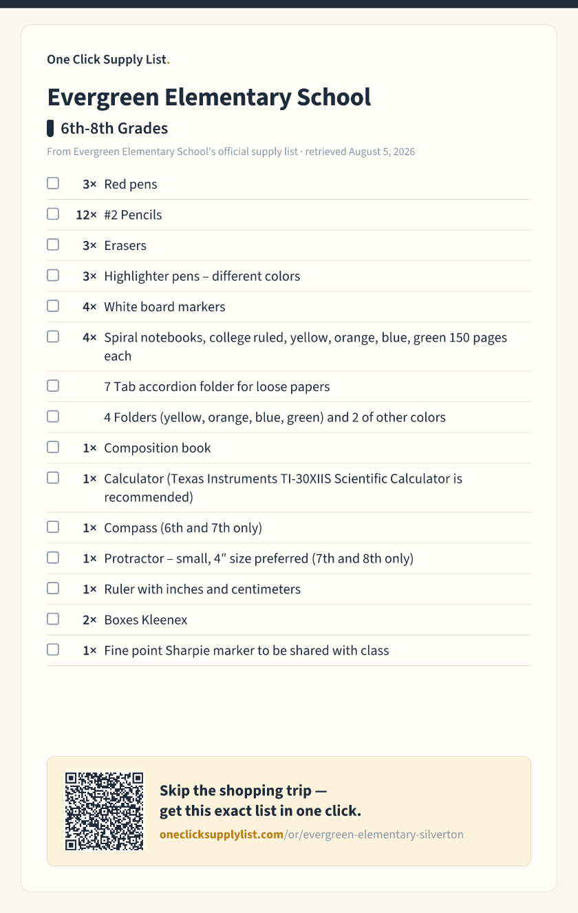 Evergreen Elementary School 6th-8th Grades supply list — printable image