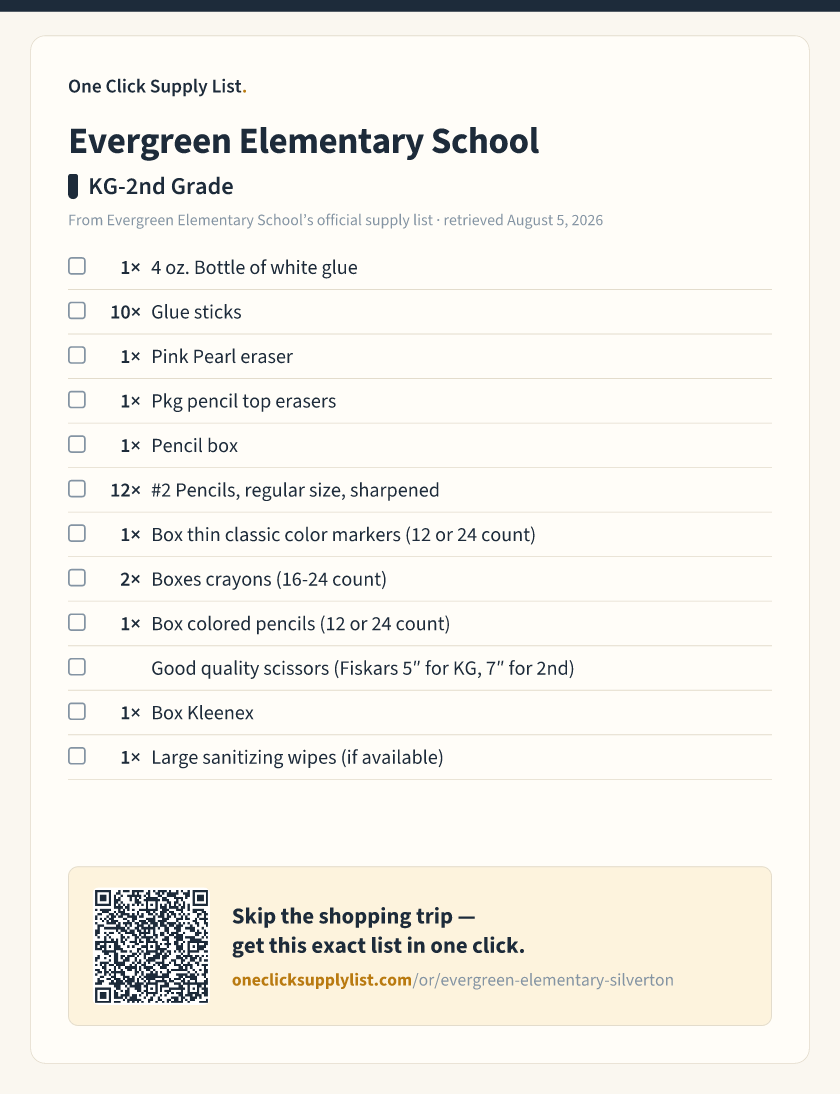 Evergreen Elementary School KG-2nd Grade supply list — printable image