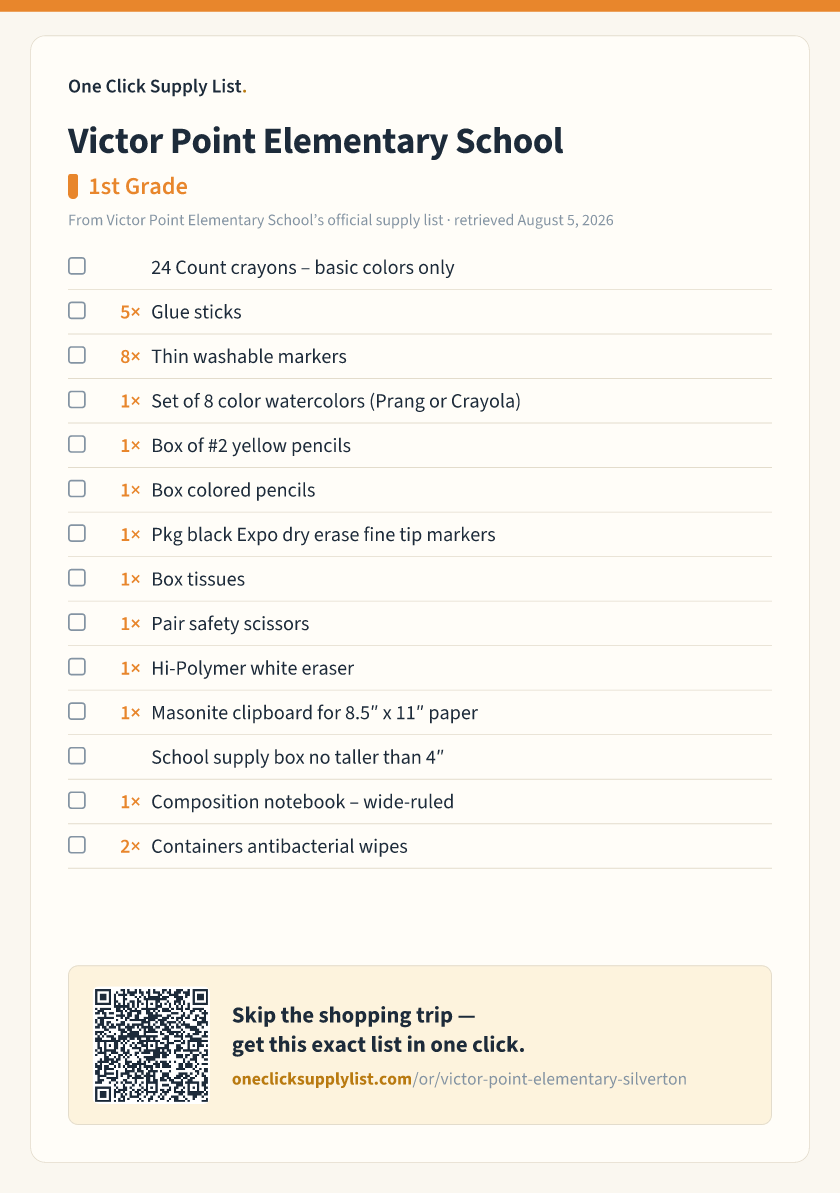 Victor Point Elementary School 1st Grade supply list — printable image