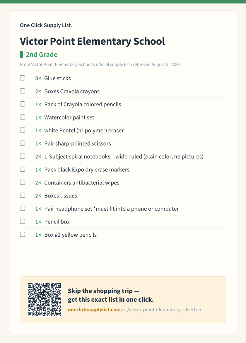 Victor Point Elementary School 2nd Grade supply list — printable image