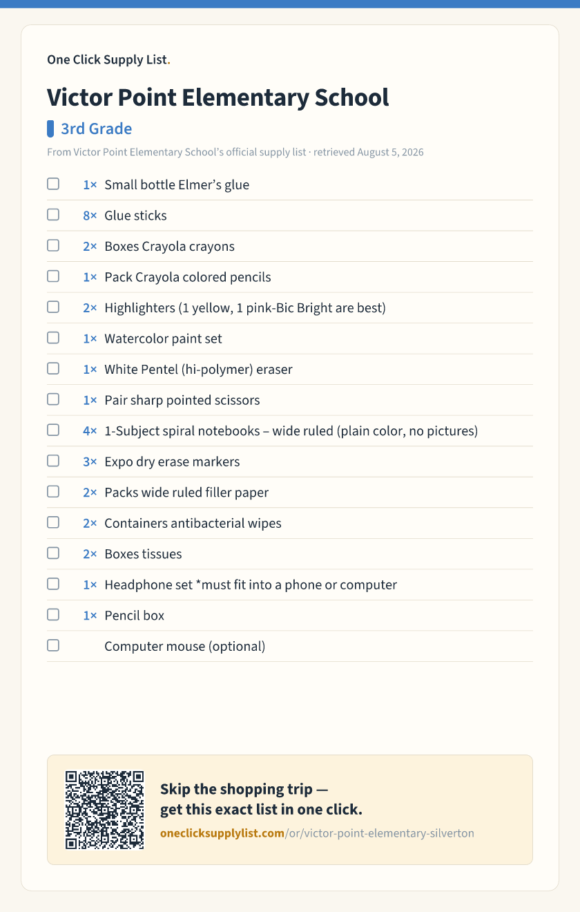 Victor Point Elementary School 3rd Grade supply list — printable image