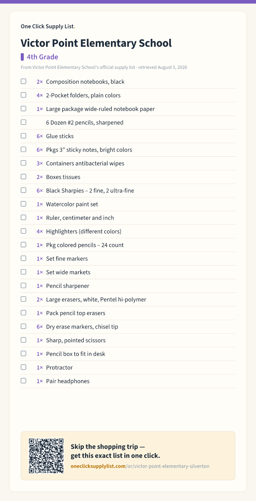 Victor Point Elementary School 4th Grade supply list — printable image
