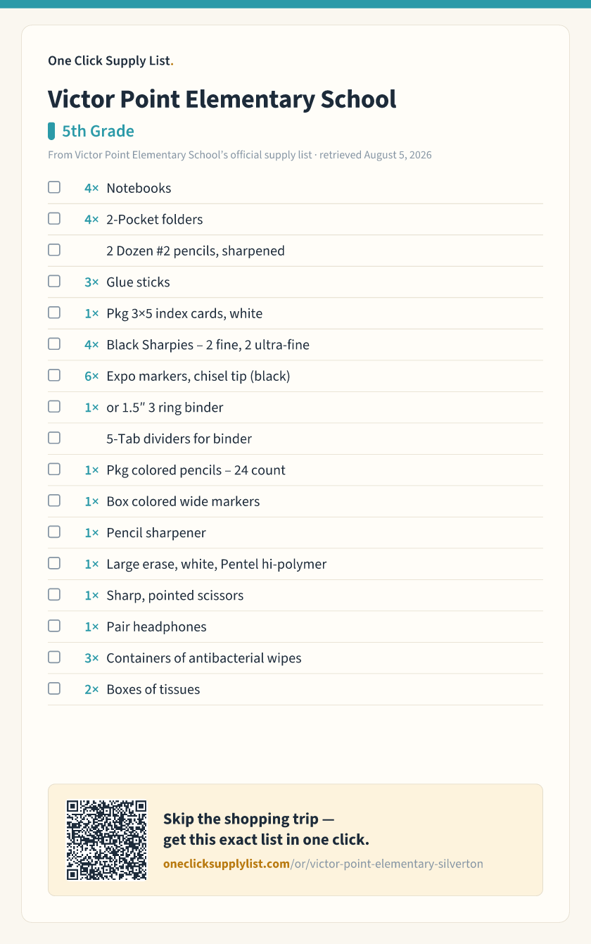 Victor Point Elementary School 5th Grade supply list — printable image