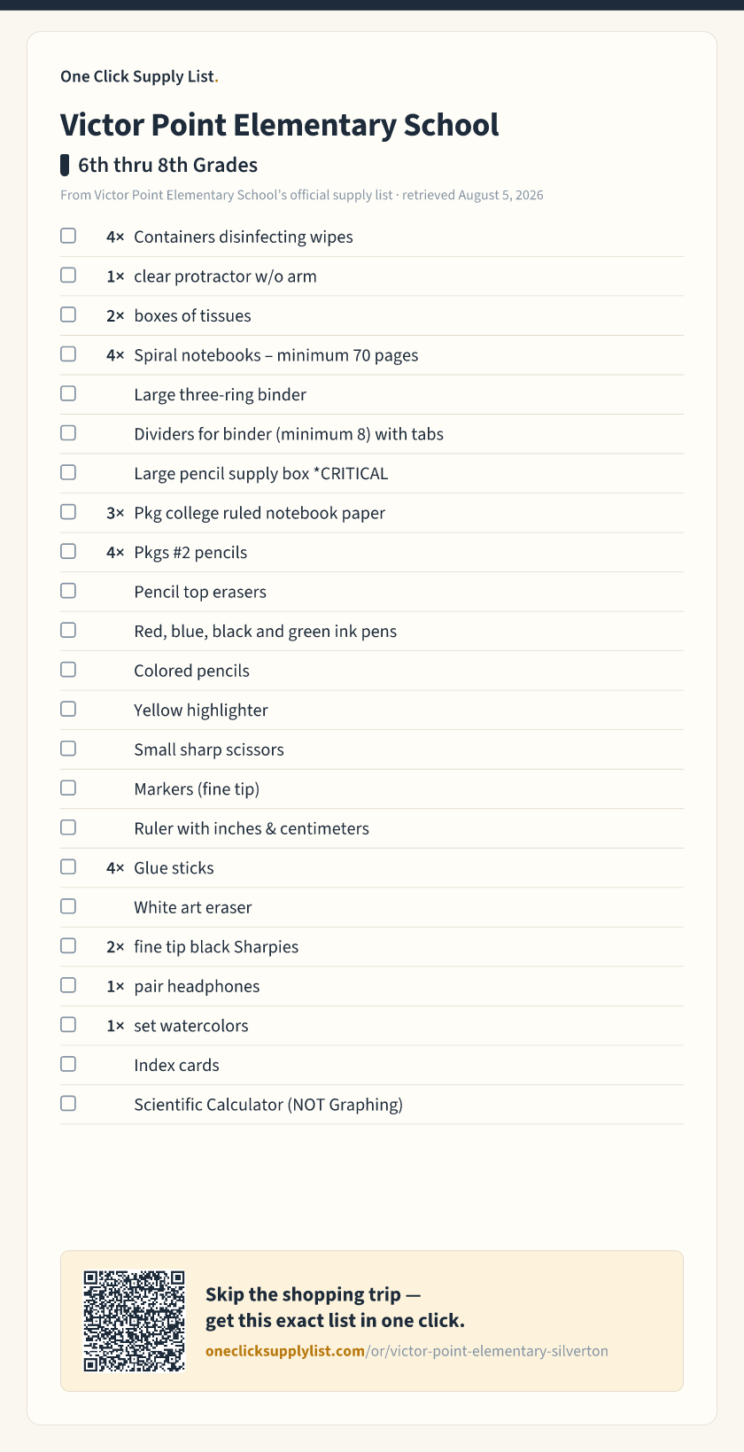 Victor Point Elementary School 6th thru 8th Grades supply list — printable image
