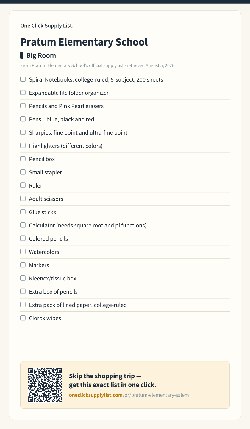 Pratum Elementary School Big Room supply list — printable image