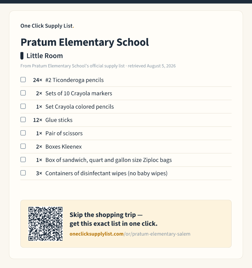 Pratum Elementary School Little Room supply list — printable image