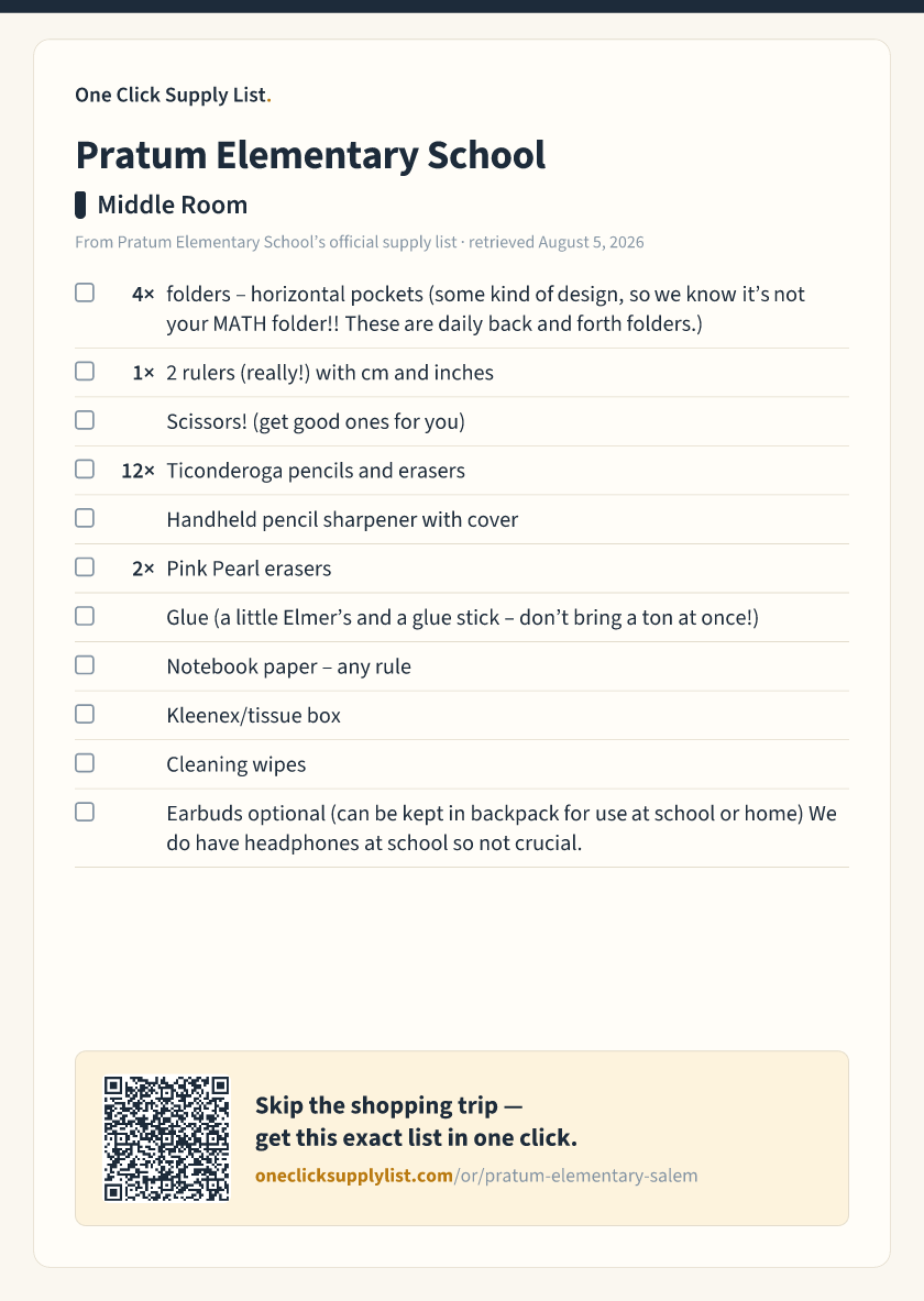 Pratum Elementary School Middle Room supply list — printable image