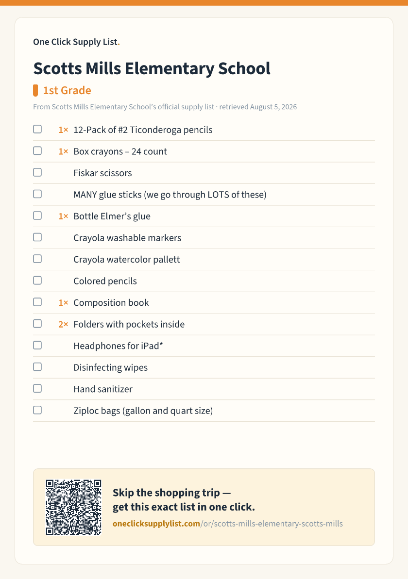 Scotts Mills Elementary School 1st Grade supply list — printable image