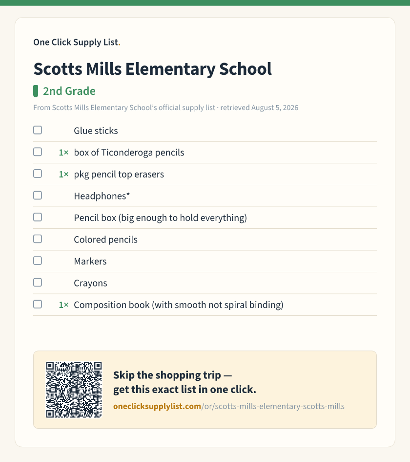 Scotts Mills Elementary School 2nd Grade supply list — printable image