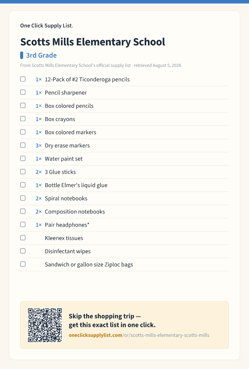Scotts Mills Elementary School 3rd Grade supply list — printable image