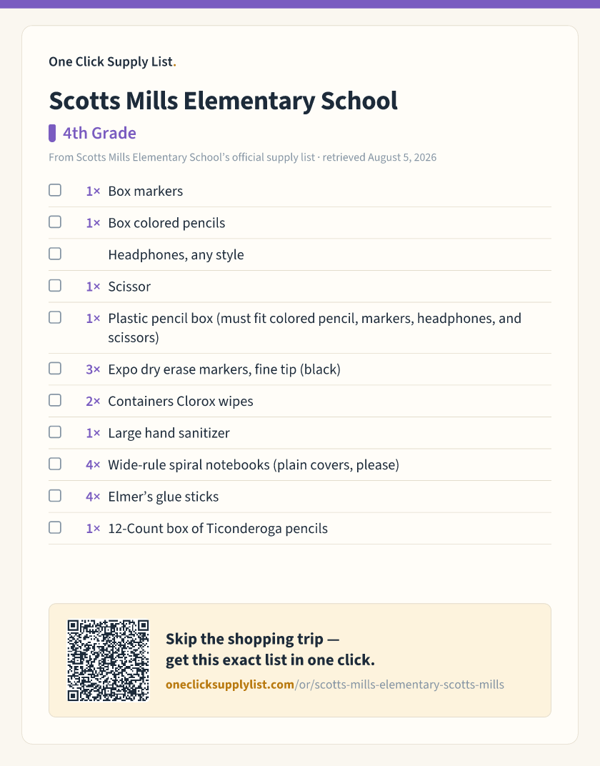 Scotts Mills Elementary School 4th Grade supply list — printable image