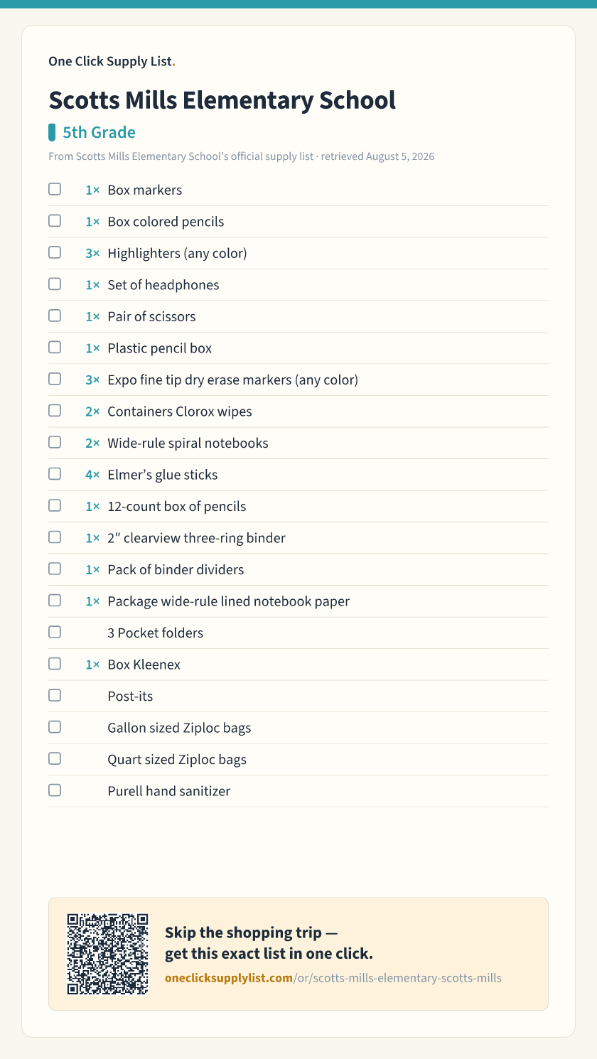 Scotts Mills Elementary School 5th Grade supply list — printable image