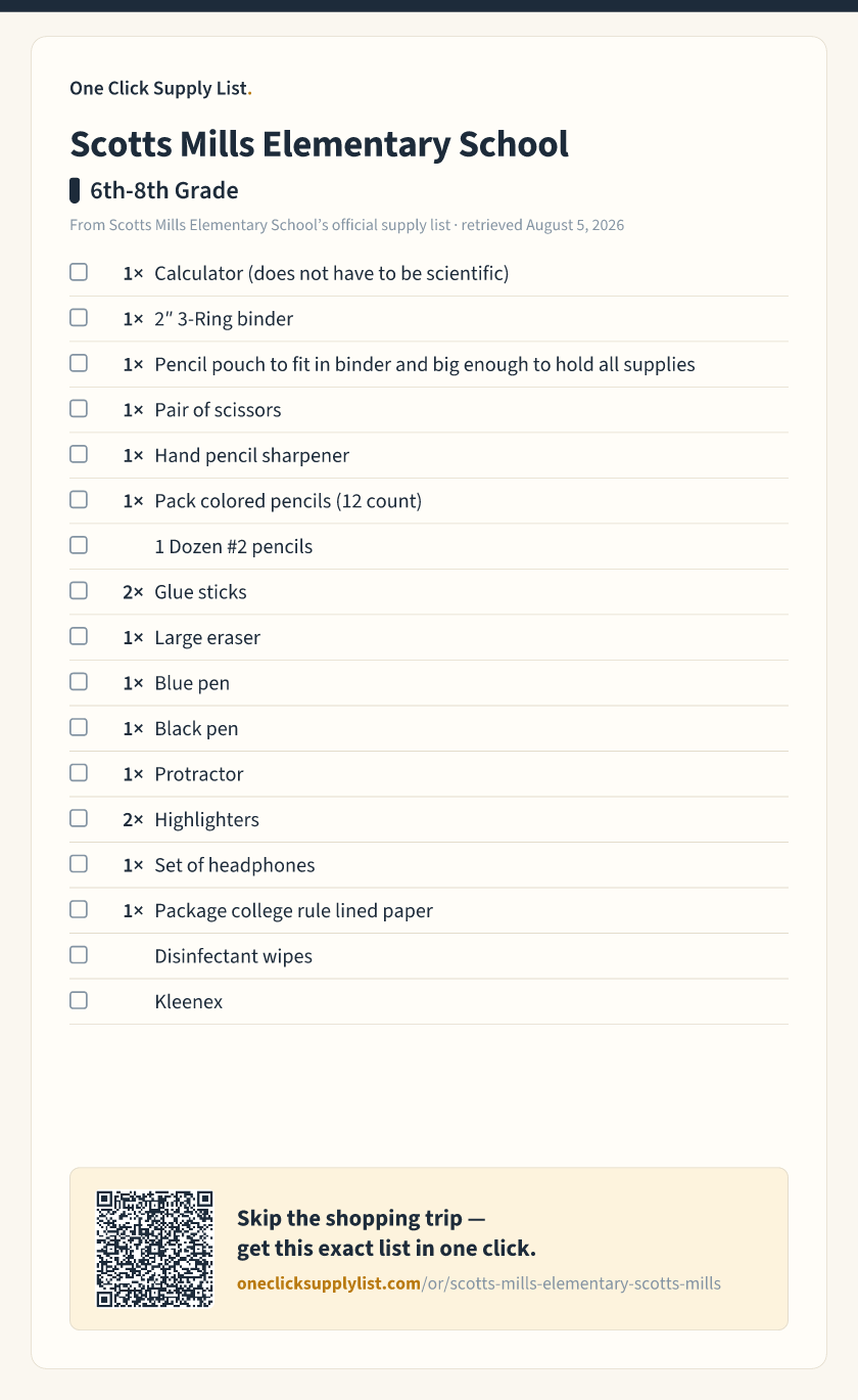Scotts Mills Elementary School 6th-8th Grade supply list — printable image