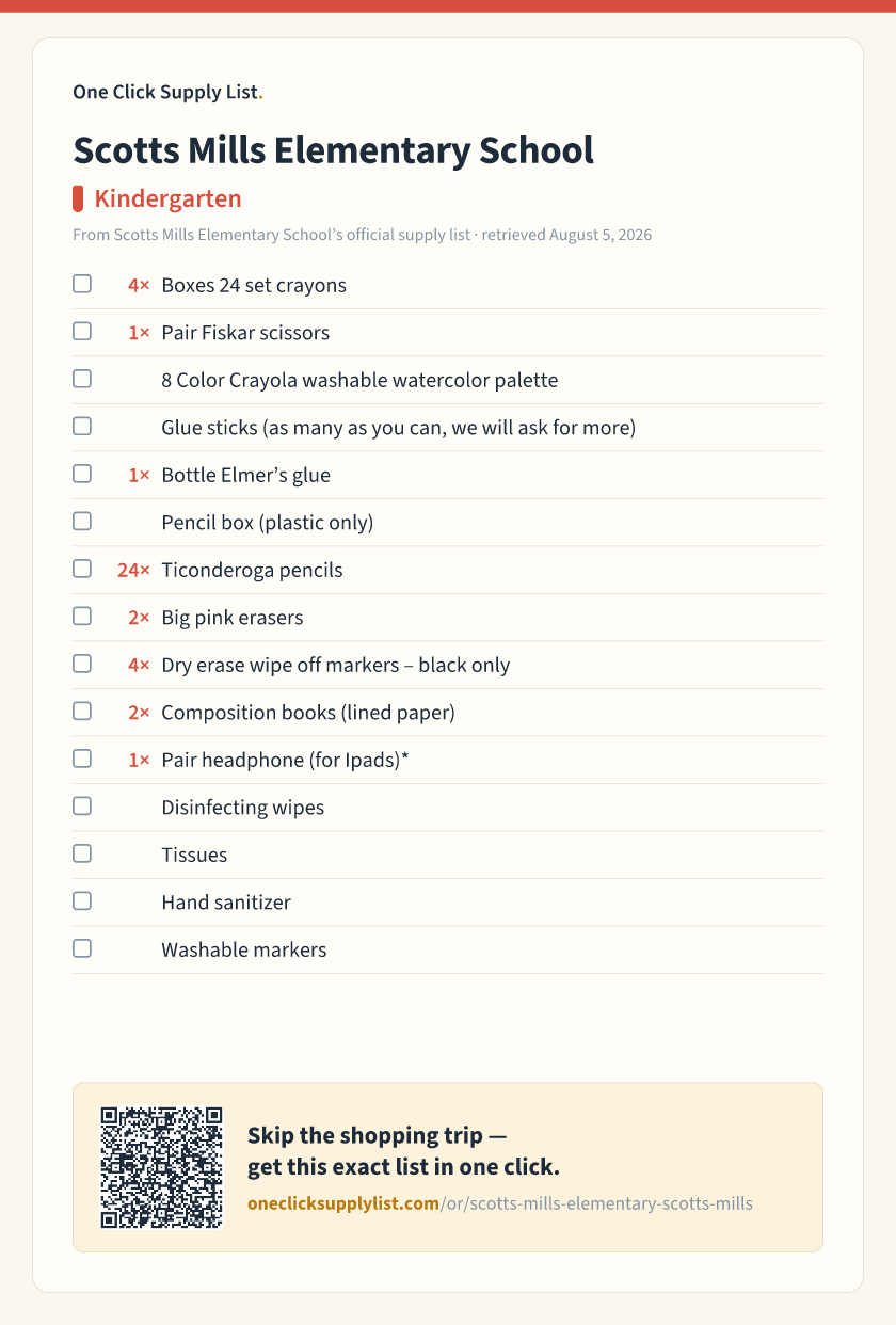 Scotts Mills Elementary School Kindergarten supply list — printable image