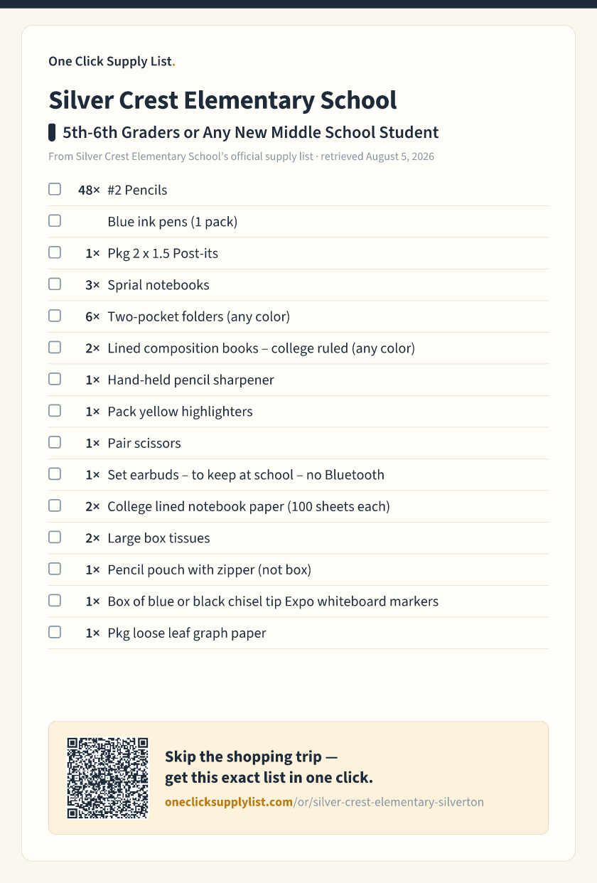 Silver Crest Elementary School 5th-6th Graders or Any New Middle School Student supply list — printable image