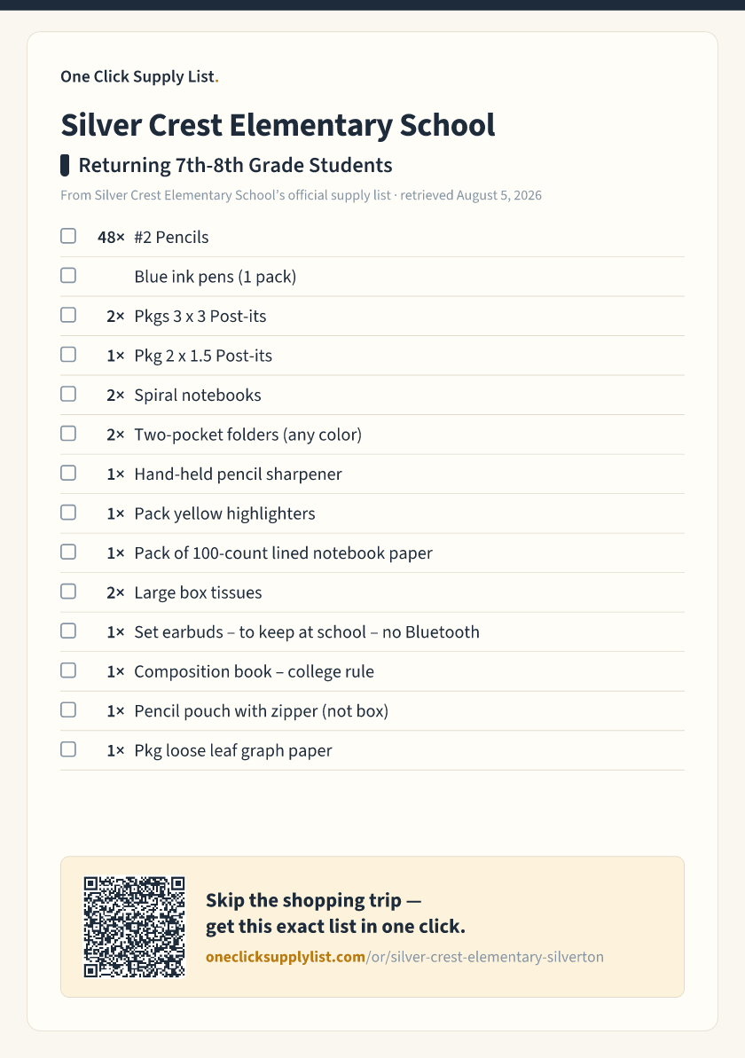 Silver Crest Elementary School Returning 7th-8th Grade Students supply list — printable image