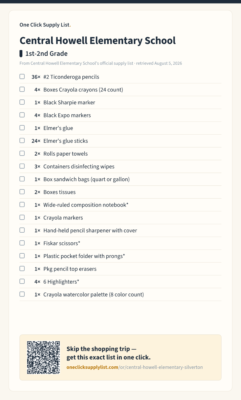 Central Howell Elementary School 1st-2nd Grade supply list — printable image