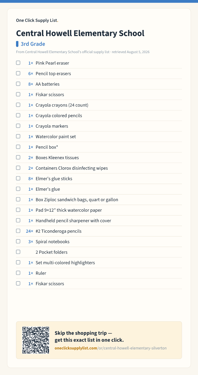 Central Howell Elementary School 3rd Grade supply list — printable image
