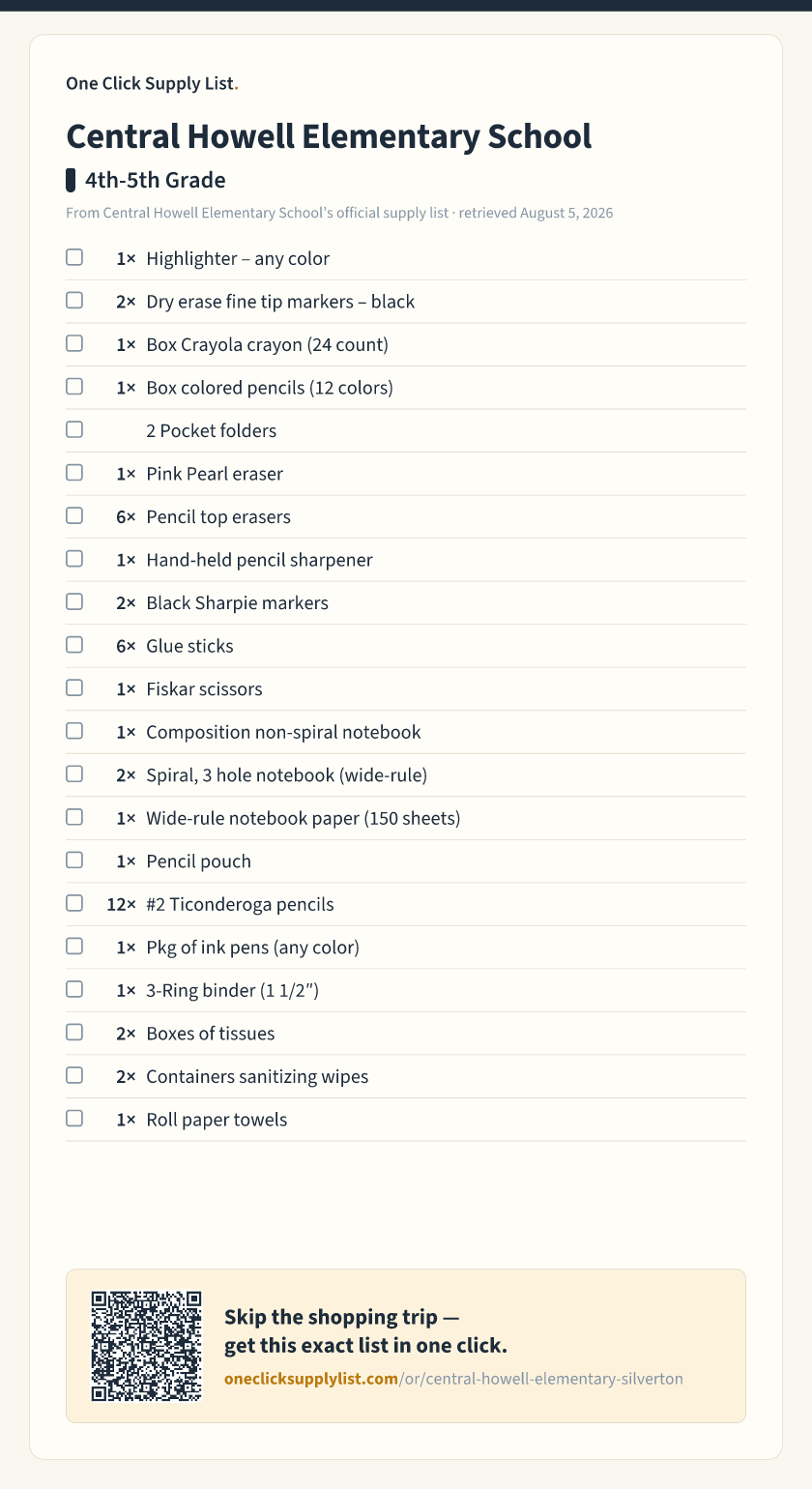 Central Howell Elementary School 4th-5th Grade supply list — printable image