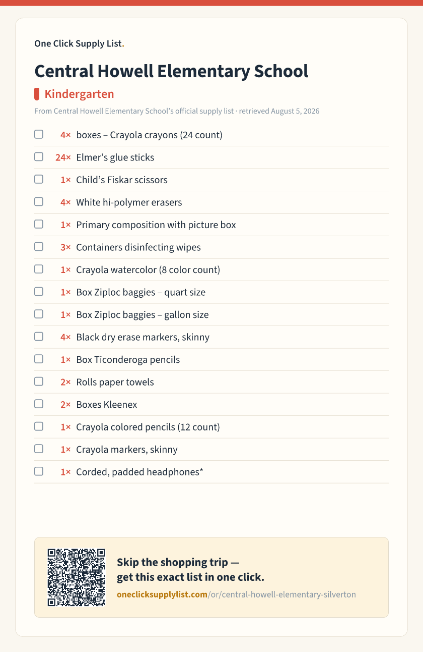 Central Howell Elementary School Kindergarten supply list — printable image
