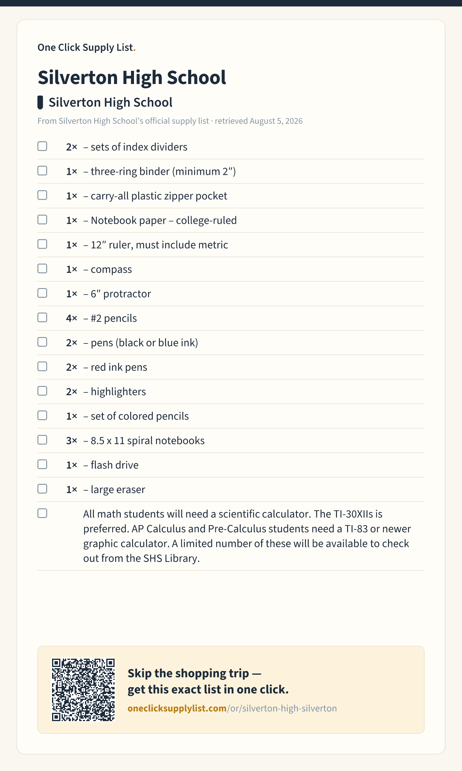 Silverton High School Silverton High School supply list — printable image