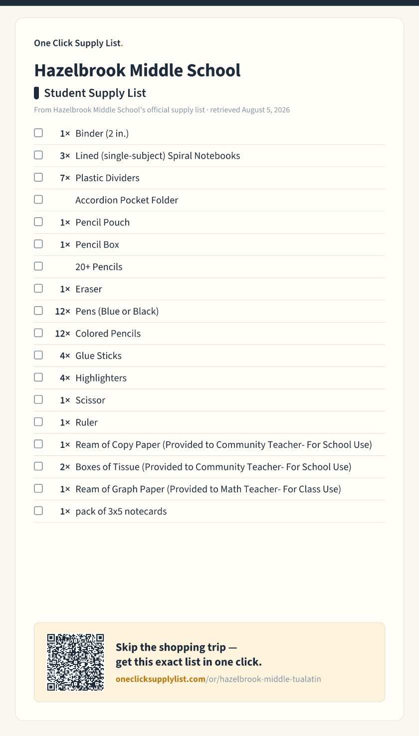 Hazelbrook Middle School Student Supply List supply list — printable image