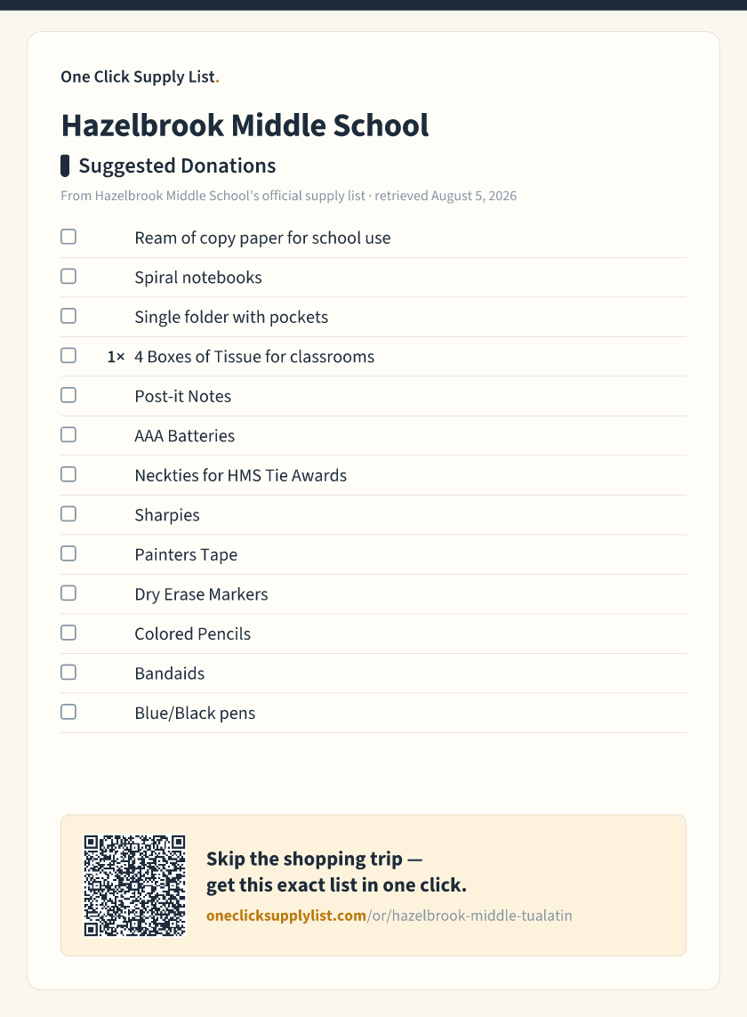 Hazelbrook Middle School Suggested Donations supply list — printable image