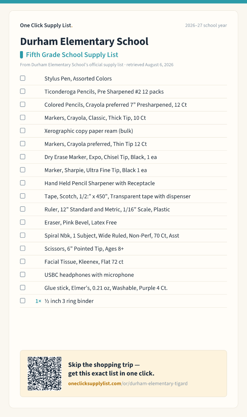 Durham Elementary School Fifth Grade School Supply List supply list — printable image