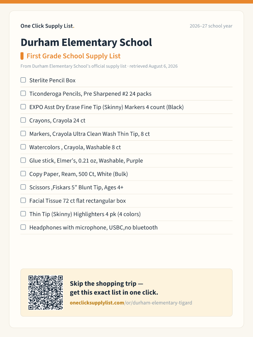 Durham Elementary School First Grade School Supply List supply list — printable image
