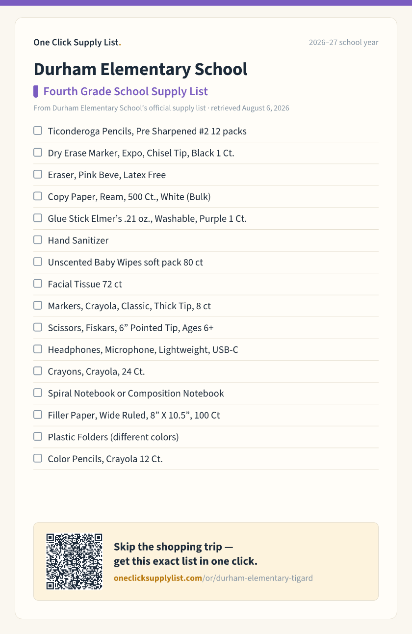 Durham Elementary School Fourth Grade School Supply List supply list — printable image