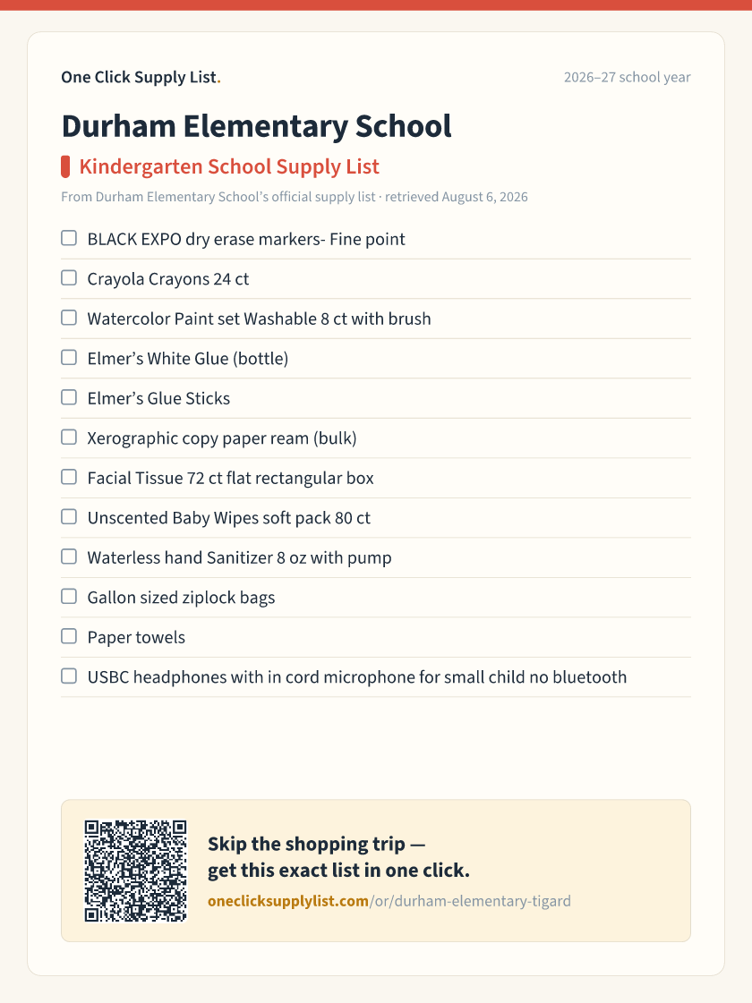 Durham Elementary School Kindergarten School Supply List supply list — printable image