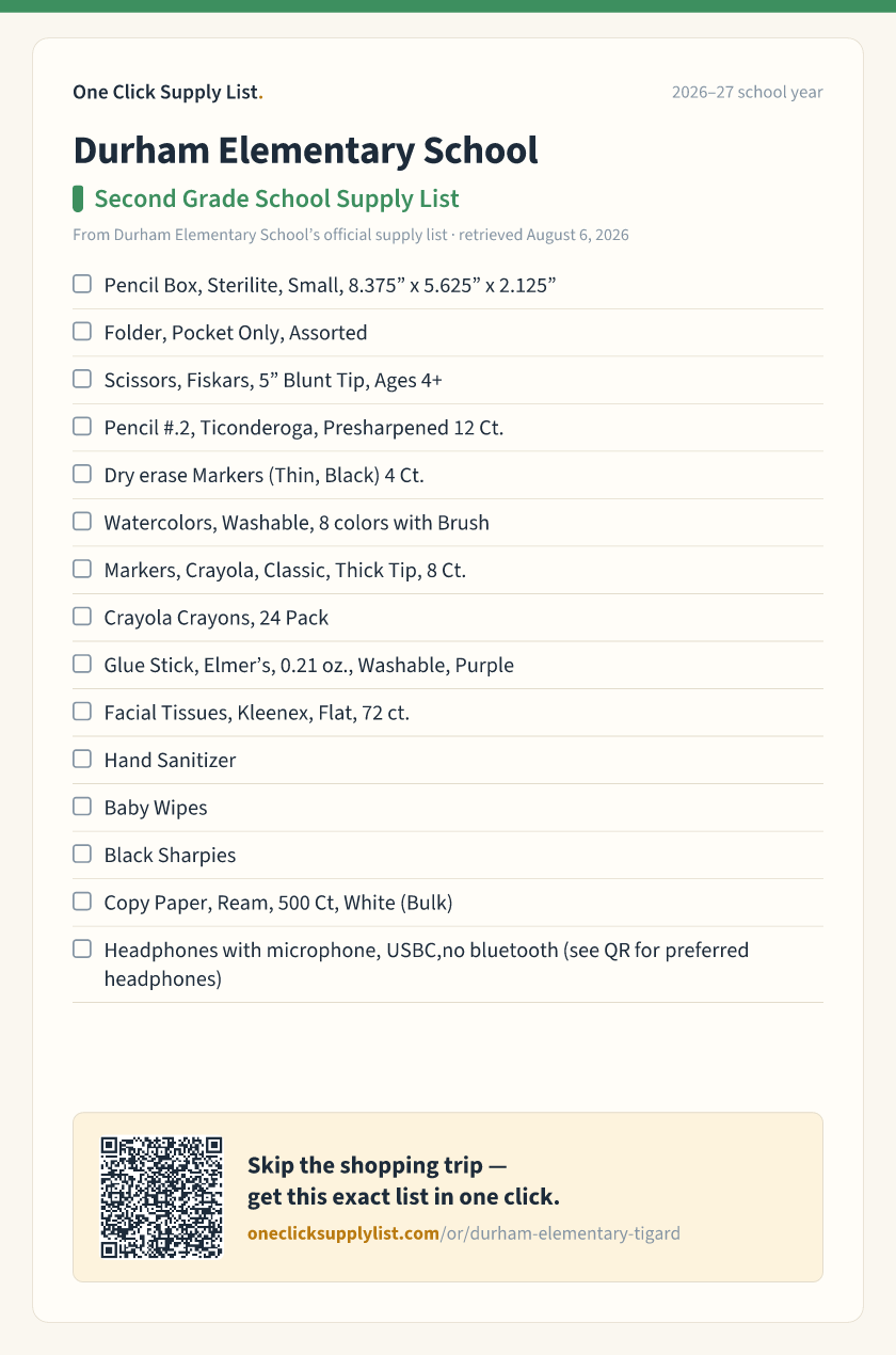 Durham Elementary School Second Grade School Supply List supply list — printable image