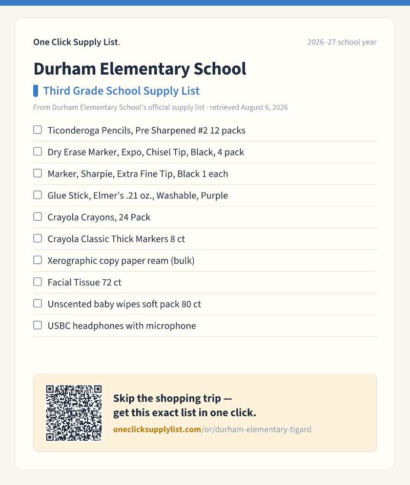 Durham Elementary School Third Grade School Supply List supply list — printable image