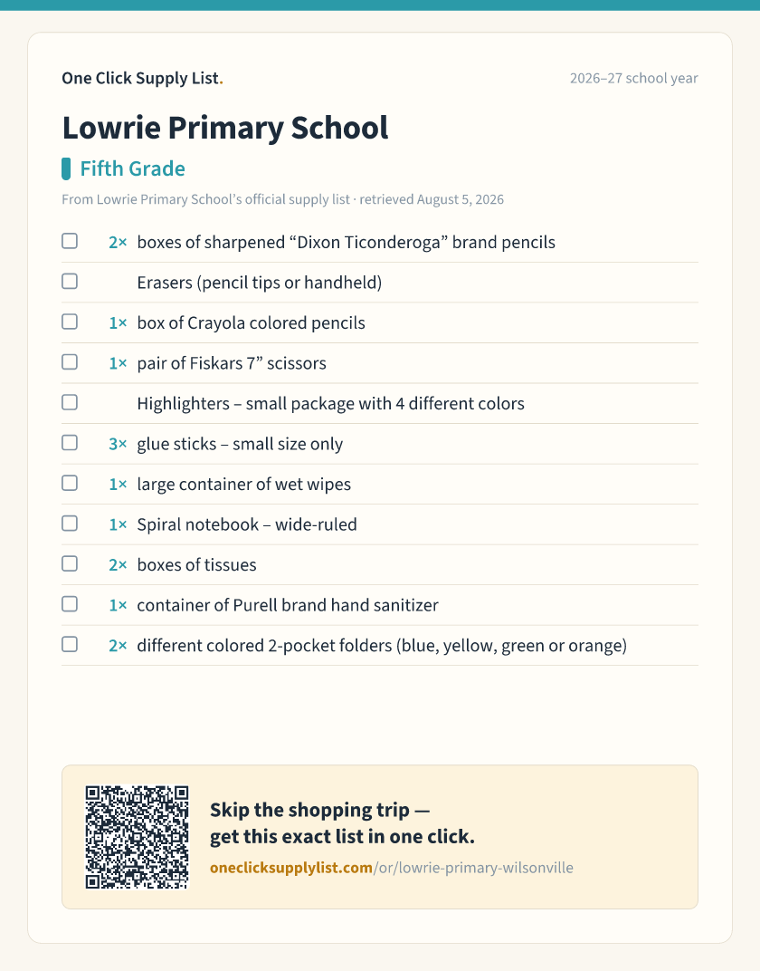 Lowrie Primary School Fifth Grade supply list — printable image