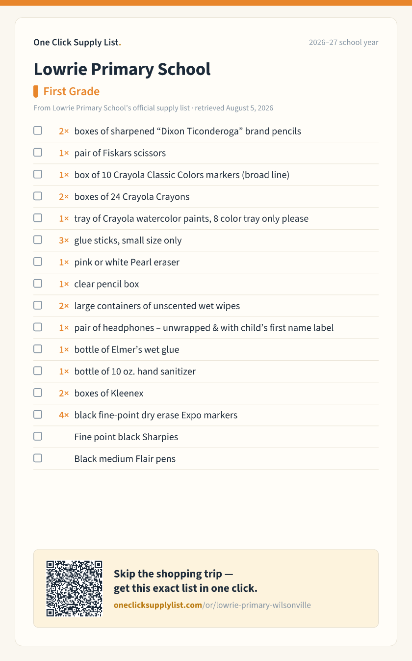 Lowrie Primary School First Grade supply list — printable image