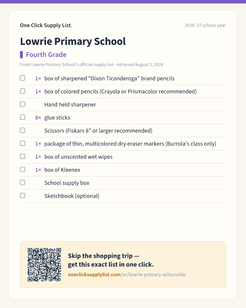 Lowrie Primary School Fourth Grade supply list — printable image