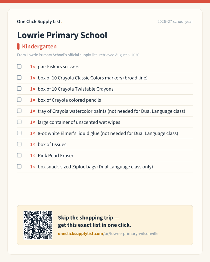 Lowrie Primary School Kindergarten supply list — printable image