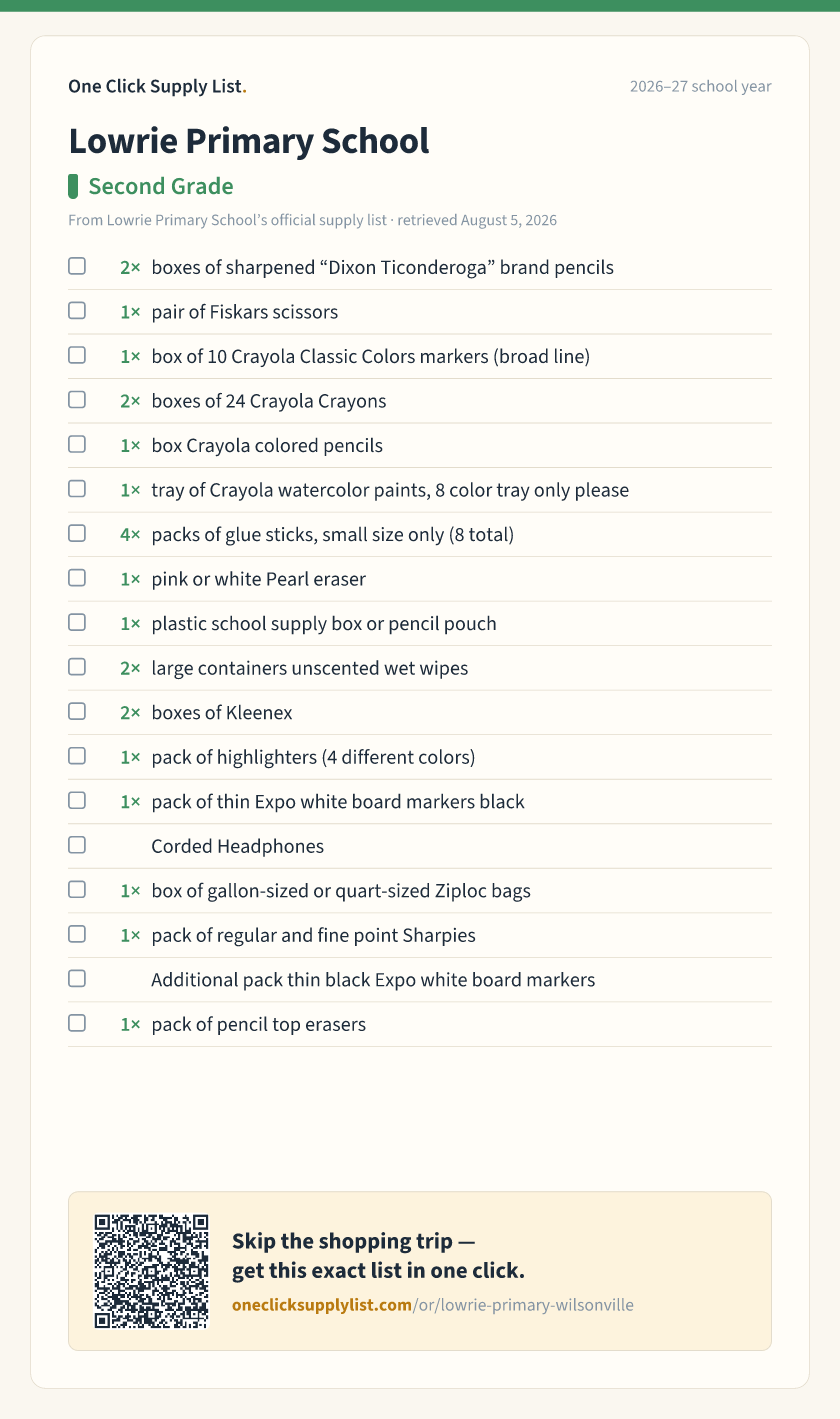 Lowrie Primary School Second Grade supply list — printable image