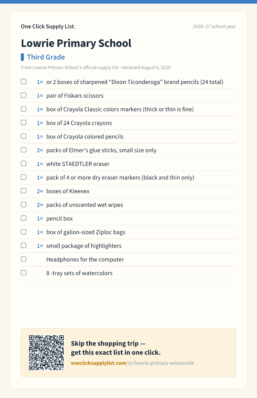 Lowrie Primary School Third Grade supply list — printable image