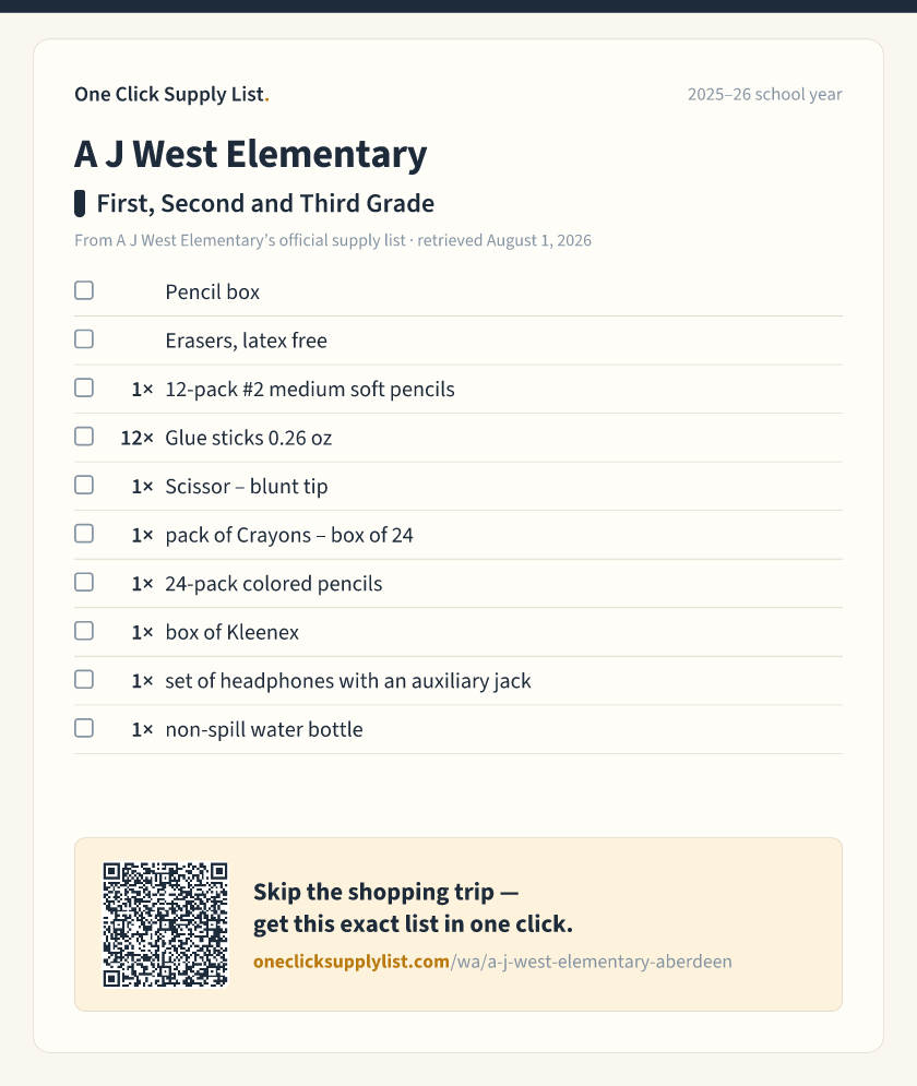 A J West Elementary First, Second and Third Grade supply list — printable image