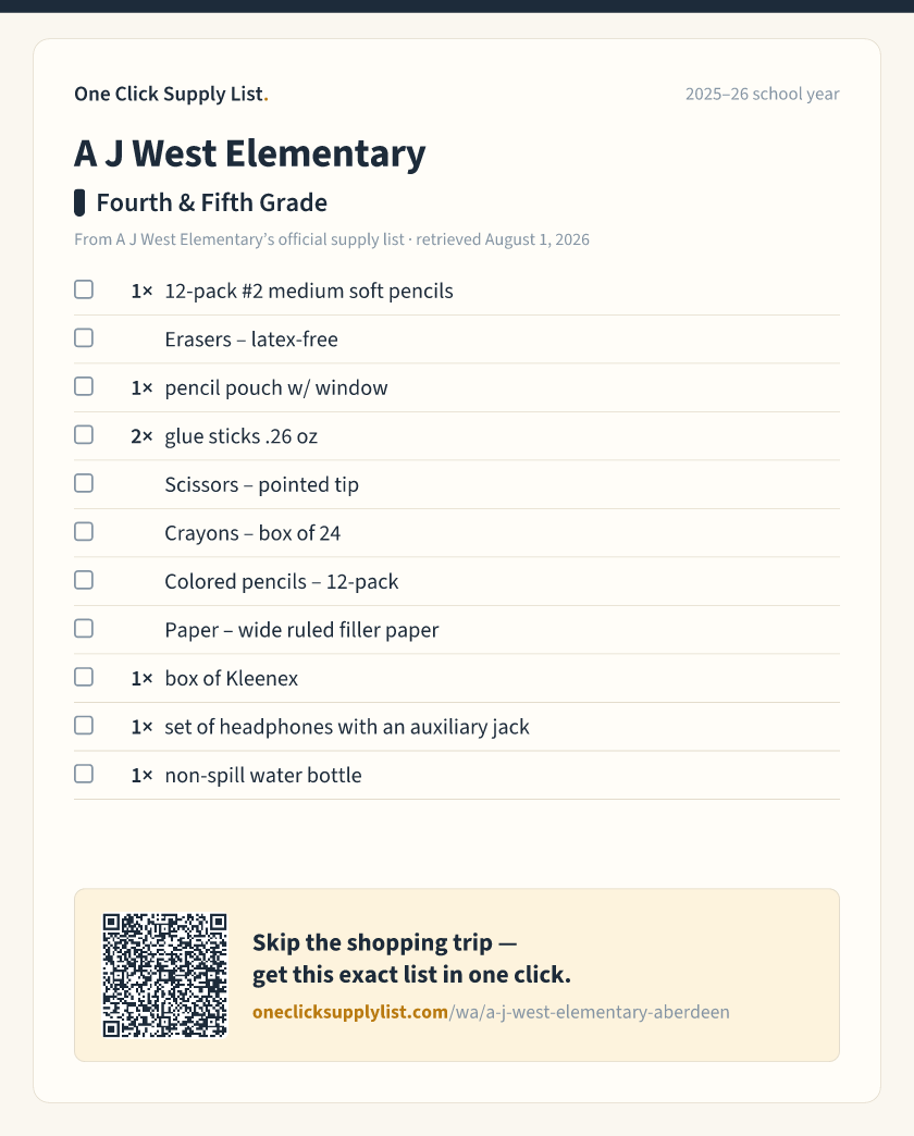 A J West Elementary Fourth & Fifth Grade supply list — printable image