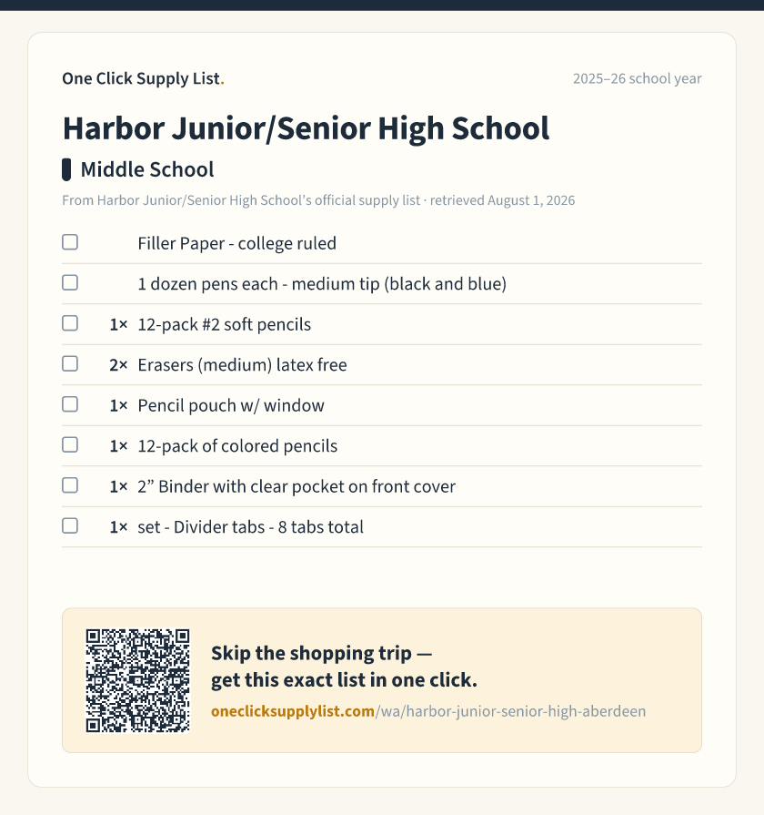 Harbor Junior/Senior High School Middle School supply list — printable image