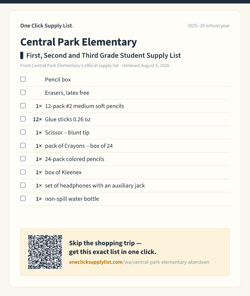 Central Park Elementary First, Second and Third Grade Student Supply List supply list — printable image