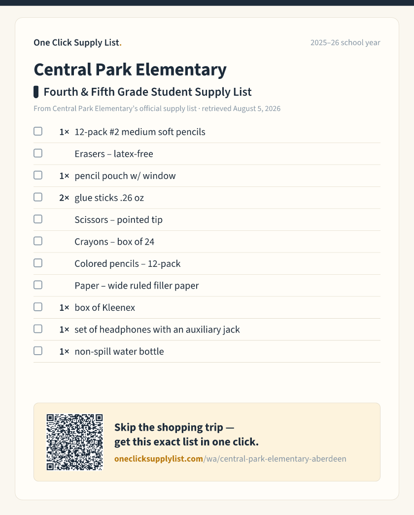 Central Park Elementary Fourth & Fifth Grade Student Supply List supply list — printable image