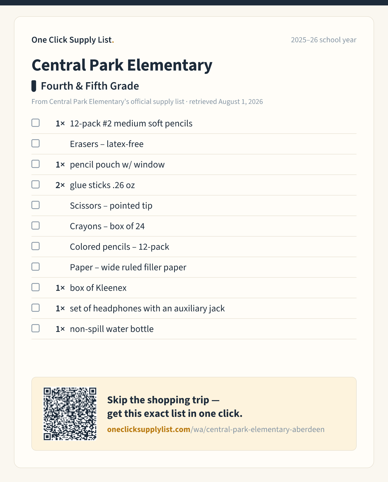 Central Park Elementary Fourth & Fifth Grade supply list — printable image