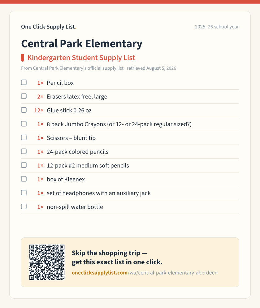 Central Park Elementary Kindergarten Student Supply List supply list — printable image