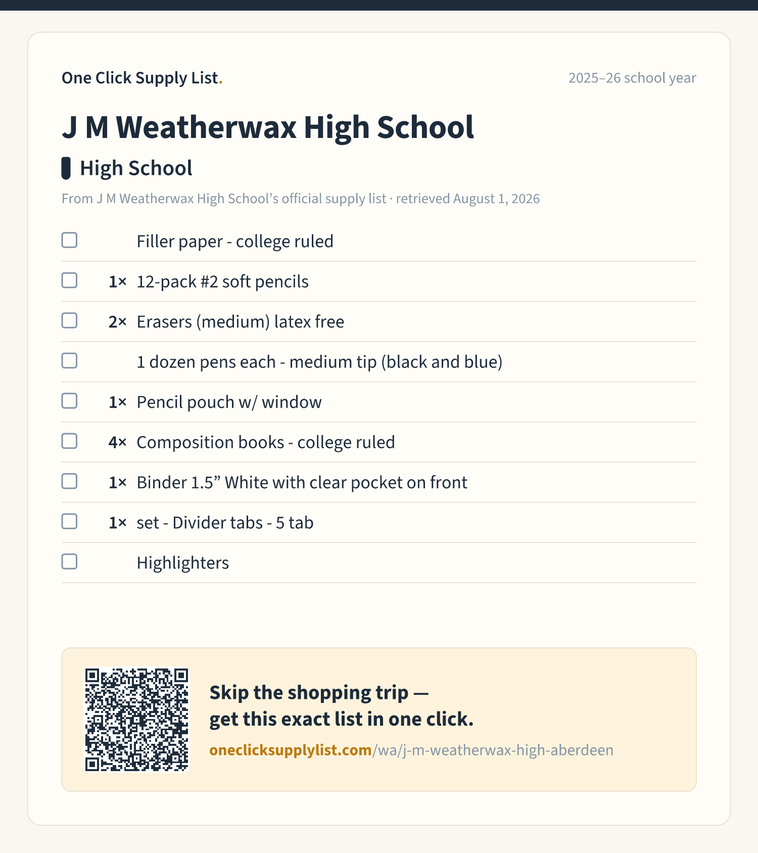 J M Weatherwax High School High School supply list — printable image