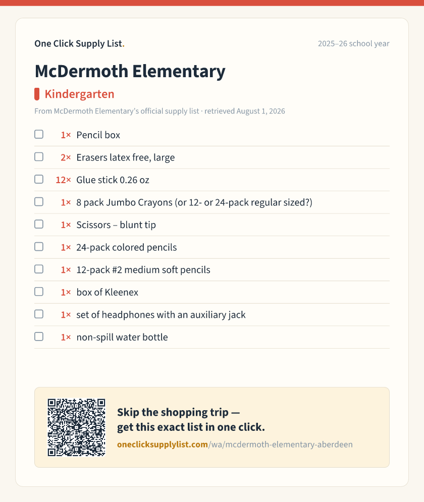 McDermoth Elementary Kindergarten supply list — printable image