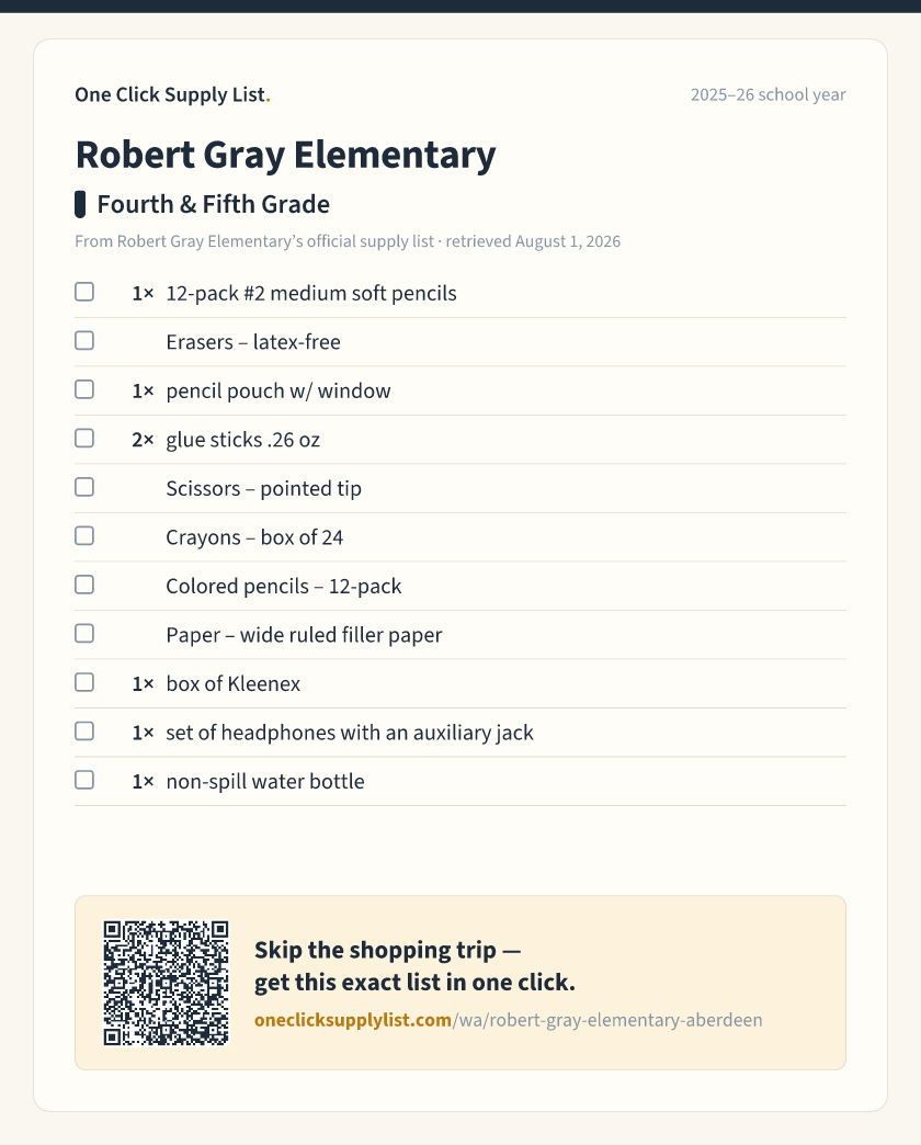 Robert Gray Elementary Fourth & Fifth Grade supply list — printable image